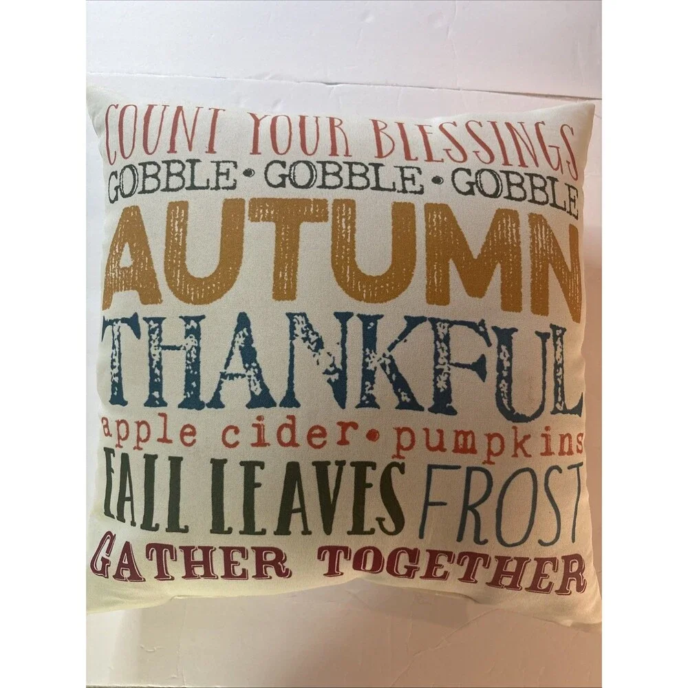 Autumn Thankful Subway Art Decorative Throw Pillow Fall Thanksgiving 13x14 Doubl